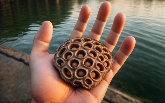 A photograph of a person holding a head of lotus seeds against the backdrop of a pond, evoking trypophobia