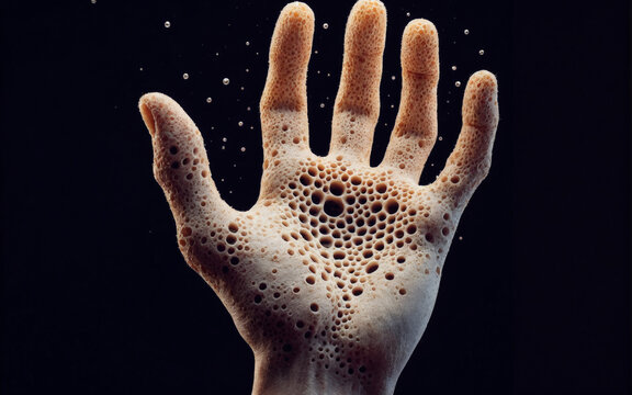 Image of a hand covered in many small holes, causing the feeling of discomfort or fear associated with trypophobia