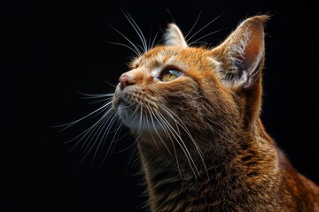 Close up of a Felidae with whiskers looking up in darkness