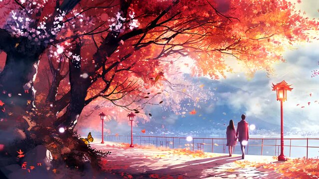 Lovely romantic couple walking together under the tree, strolling along a deserted road, seamless 4K looping animation.