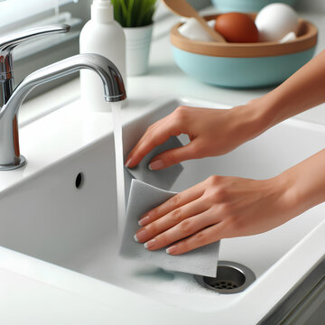 Woman cleaning white sink with wipe
