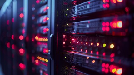 A close-up view of a server rack with glowing red LED lights in a dark data center, symbolizing network infrastructure and technology. - obrazy, fototapety, plakaty