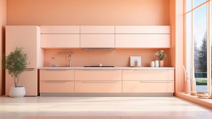 A contemporary kitchen scene with peach cabinets and sleek design that radiates a homely yet stylish atmosphere