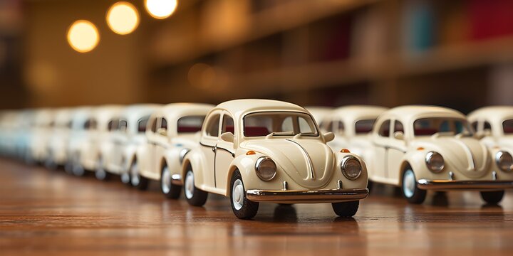 A group of white toy cars neatly parked in a row. Concept Toy Cars, Miniature Collection, Playful Display, Neat Arrangement