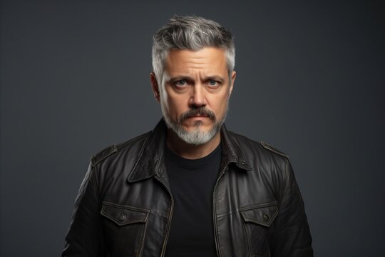 Portrait of a handsome mature man with gray hair and beard wearing a leather jacket