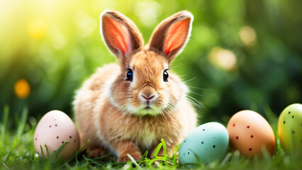 An adorable Easter bunny sits among pastel-colored eggs on a bed of fresh green grass, embodying the spirit of the holiday