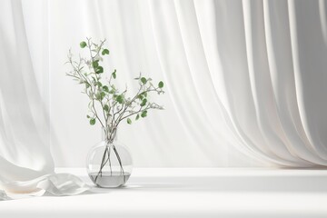 Empty white counter table, soft, smooth blowing sheer fabric curtain drapery, tree branch glass vase in sunlight for luxury cosmetic, skincare, beauty, Generative AI