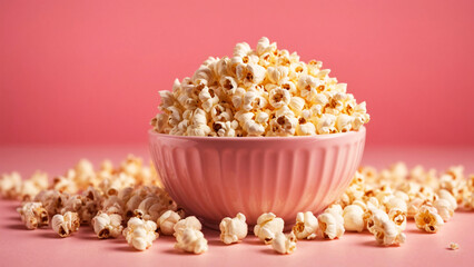 Fototapeta na wymiar A deliciously overflowing, pale pink bowl of freshly popped popcorn scattered on a matching pink surface