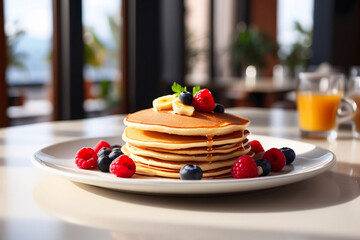 A delectable stack of pancakes topped with melting butter, blueberries, raspberries on a plate with syrup pouring