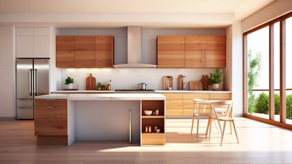 A stylish and contemporary kitchen design, featuring wooden cabinets and a large window allowing ample sunlight
