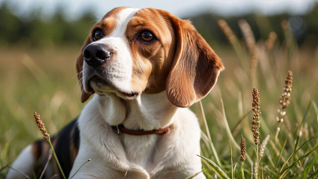 This heartwarming image captures a curious beagle dog exploring the wild outdoors, vibrant with nature themes