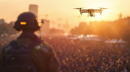 Security agent flying a drone to see and view over the large crowd in background , crowd control concept image - obrazy, fototapety, plakaty