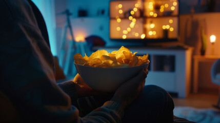 Young man holding a bowl of potato chips in his hands at home in his sofa for movie night in front of the tv