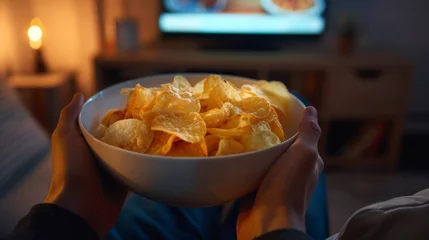 Fototapeten Young man holding a bowl of potato chips in his hands at home in his sofa for movie night in front of the tv © Keitma