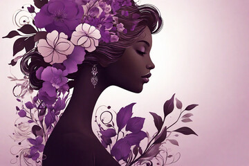 Elegant profile of a female silhouette, decorated with purple floral elements. International Women's Day concept.