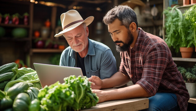 Farmers with vegetables at a wooden table, looking at a laptop, at a farmers' market. Background of produce and shelves underscores agricultural business.
