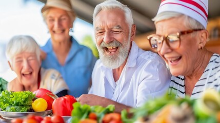 Group of Seniors Preparing Fresh Vegetables for Meal in Bright Kitchen