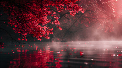 A misty lake, with reflections of crimson leaves dancing on the water's surface as the background, during the tranquil dawn of autumn