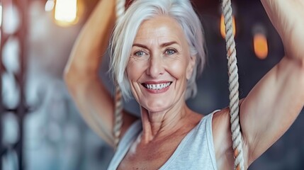 Obraz premium Radiant Senior Woman with White Hair Enjoying Rope Exercise