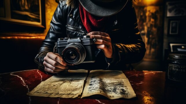 Professional photographer holding vintage film camera concept for sale on stock photo website