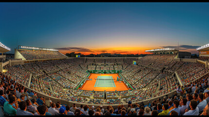 Panoramic view of a packed tennis stadium during a major match.