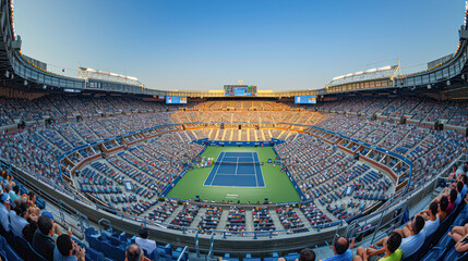 Obraz premium Panoramic view of a packed tennis stadium during a major match.