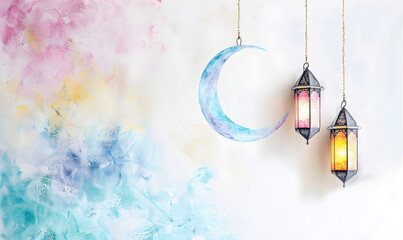 Watercolor Ramadan crescent and and arabic lantern on the white background. Eid Mubarak Ramadan Kareem Background. Greeting for Eid al-Fitr, Ramadhan, Eid Al Adha, Eid Al Fitr, Islamic new year.