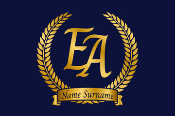 Initial letter E and A, EA monogram logo design with laurel wreath. Luxury golden calligraphy font.