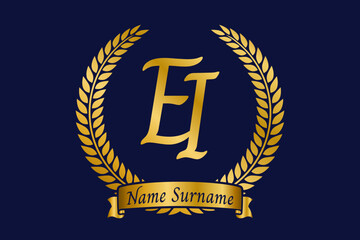 Initial letter E and I, EI monogram logo design with laurel wreath. Luxury golden calligraphy font.