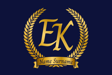 Initial letter E and K, EK monogram logo design with laurel wreath. Luxury golden calligraphy font.