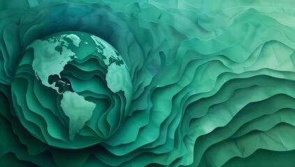 Fototapeta premium Paper art of Earth surrounded green waves for Earth Day. Holiday concept. Background image focused on green initiatives. Banner with copy space.