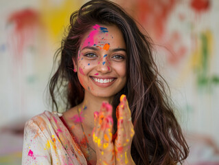 indian girl / young woman  with painted hands playing with colors at HOLI indian festival celebration
