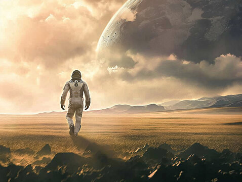 Astronaut walking on landscape with the moon, conceptual galactic futuristic image or traveling to another planet