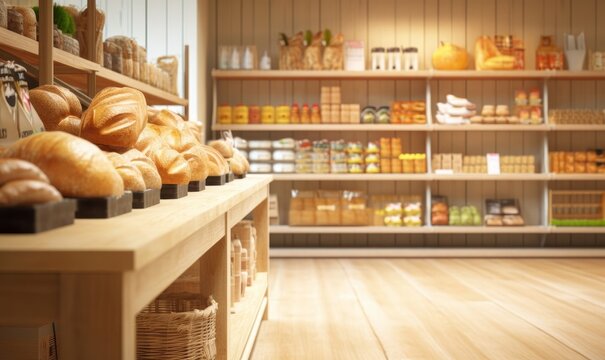 Blurred organic, eco-friendly vegan grocery, bakery store with wooden wall, parquet floor, variety of bread, bun, snack on shelf for healthy shopping lifestyle, interior design decoration,GenerativeAI