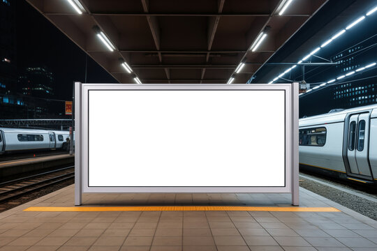 Blank white billboard on platform of railway station. Mock up