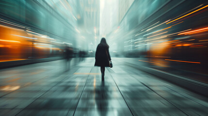 In the midst of a bustling city, a determined woman stands near a business district