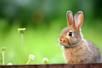 A young rabbit peeks over a wooden edge surrounded by greenery