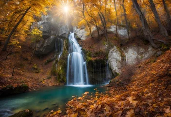 Wandaufkleber Waldfluss waterfall in autumn forest