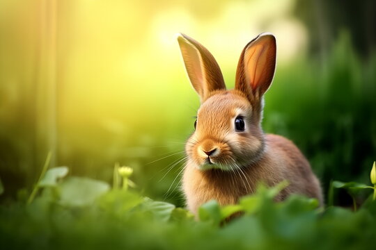 Cute bunny sitting amidst green foliage, bathed in soft sunlight