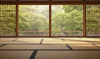 Close up of Japanese tatami mat floor, wooden frame shoji window in sunlight with green tree view for East Asian interior design decoration, architecture, product display background, Generative AI