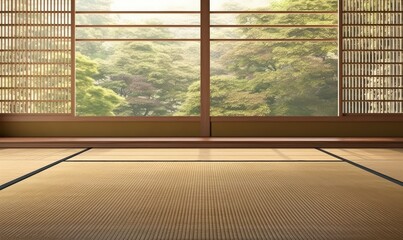 Close up of Japanese tatami mat floor, wooden frame shoji window in sunlight with green tree view for East Asian interior design decoration, architecture, product display background, Generative AI