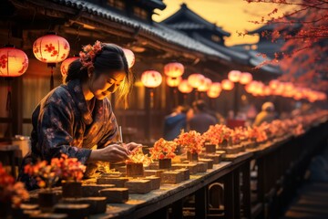 Chinese girl arranging flower compositions on city street with traditional chinese lanterns