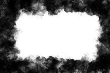 Dark black smoke frame white background cloudy backdrop