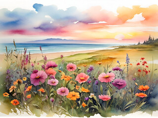 Fototapeta na wymiar Beautiful sunrise landscape wild flowers at the lake watercolor background
