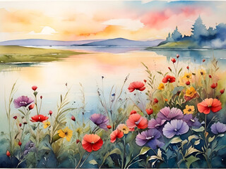 Beautiful sunrise landscape wild flowers at the lake watercolor background