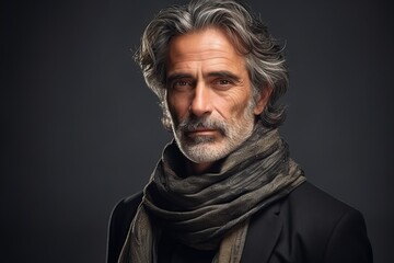 Portrait of a handsome mature man with gray hair and beard wearing a scarf.