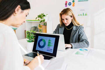 Businesswomen working on laptop over charts and graphs at office