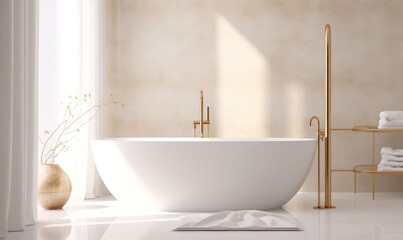 White ceramic bathtub, gold shower head, blowing sheer curtain, towel rack stand in sunlight on beige brown stucco texture wall, marble floor for luxury, modern interior, Generative AI - obrazy, fototapety, plakaty