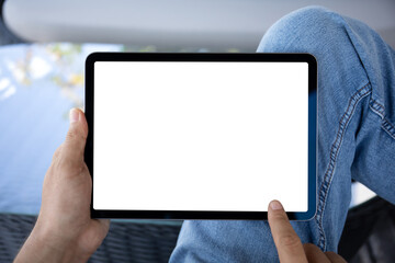 male hand hold computer tablet with isolated screen in cafe © DenPhoto