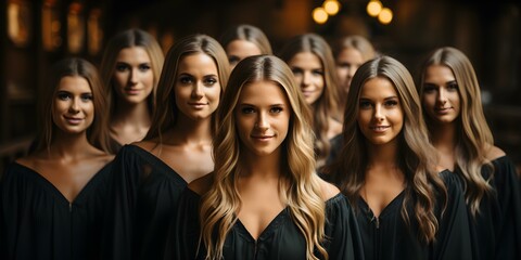 Obraz premium A group of determined female graduates anticipate their promising futures ahead. Concept Feminist Graduation, Future Success, Strong Women, Empowered Graduates, Ambitious Women